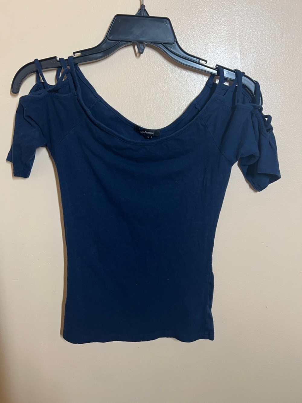 Ambiance Navy Cold-Shoulder Short Sleeve Top with Strappy Shoulders